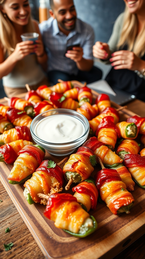 Crispy bacon-wrapped jalapeño poppers on a wooden platter with ranch sauce.